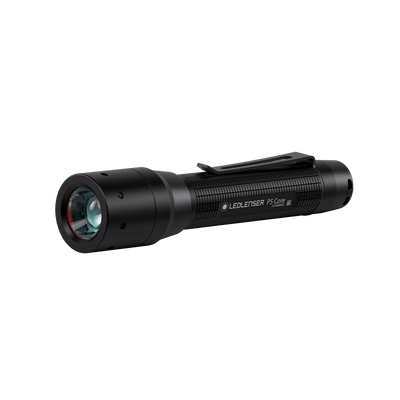 Ledlenser P5 Core Torch facing left compact black handheld flashlight with clip and textured grip