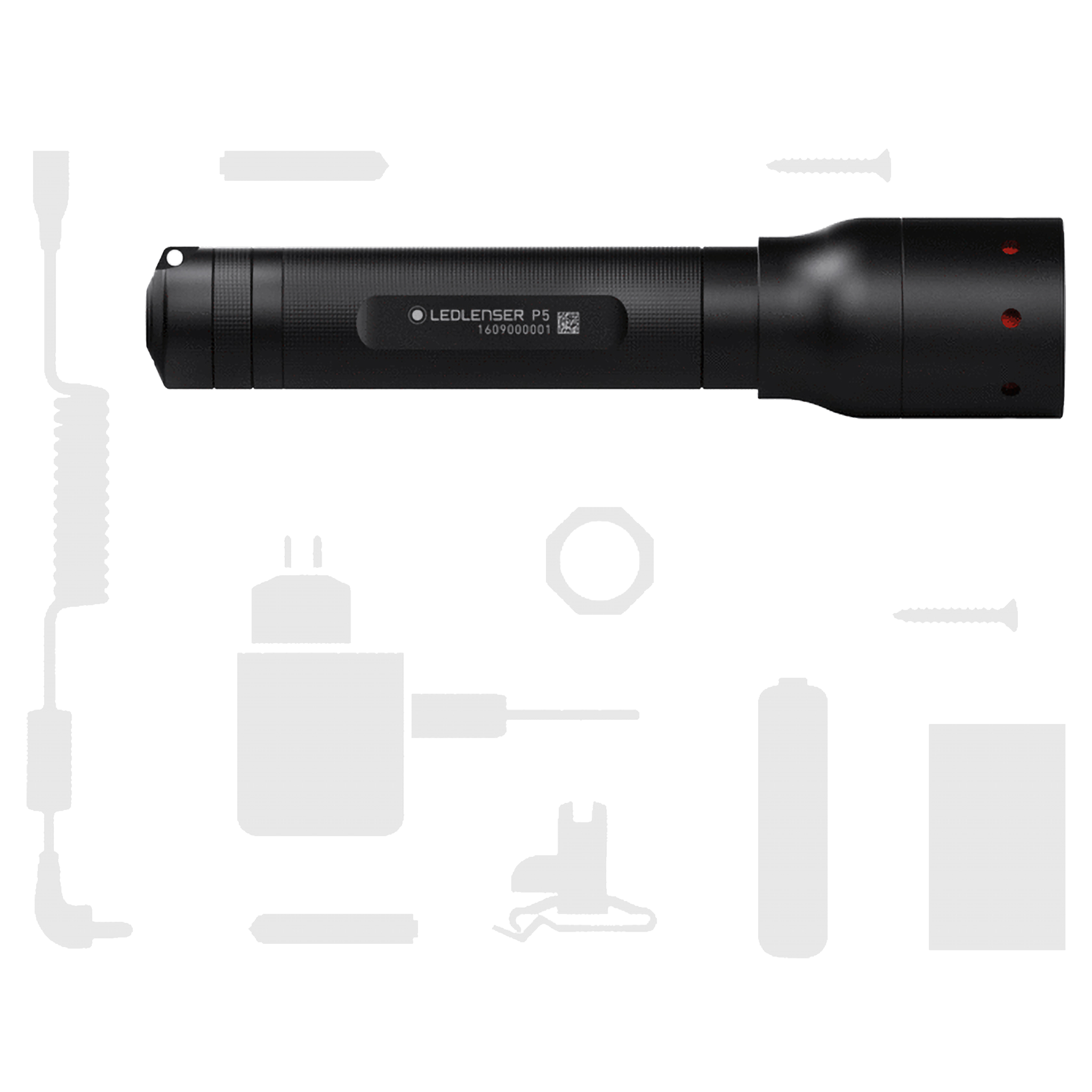 P5 Torch Ledlenser black handheld flashlight with textured grip and visible label shown horizontally with head on the right and red status indicators