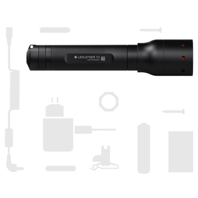 P5 Torch Ledlenser black handheld flashlight with textured grip and visible label shown horizontally with head on the right and red status indicators