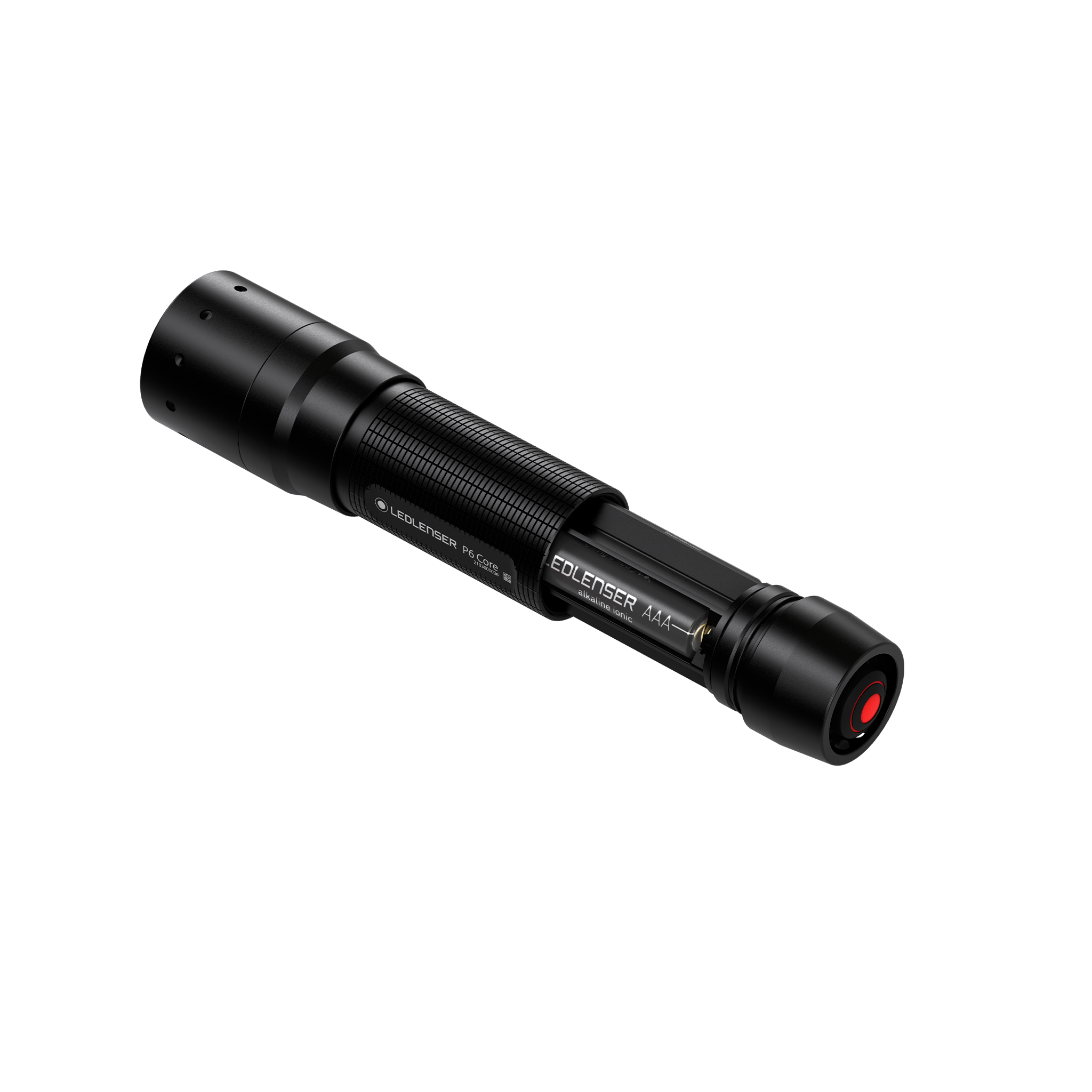 Ledlenser P6 Core Torch black compact battery operated flashlight with textured grip and red activation button