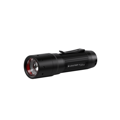 Ledlenser P6 Core Torch compact black flashlight with side clip and textured grip front left view