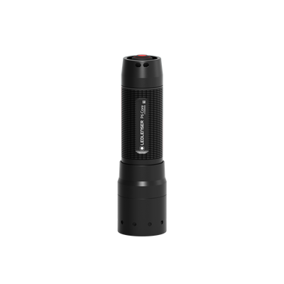 Ledlenser P6 Core Torch shown upright with textured black body grip pattern and red top button