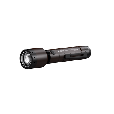 Ledlenser P6R Signature Torch in dark brown finish shown in a side profile with the lens exposed