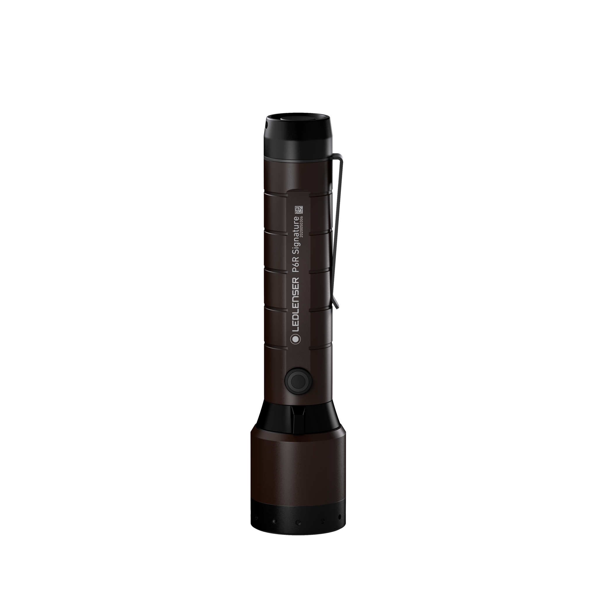 Ledlenser P6R Signature Torch vertical brown aluminium body with black top and bottom end caps and a wrist strap