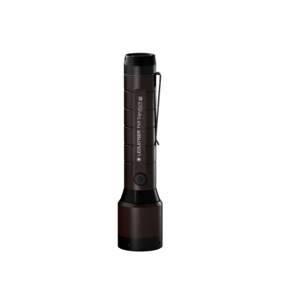 Ledlenser P6R Signature Torch vertical brown aluminium body with black top and bottom end caps and a wrist strap