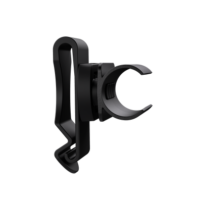 P6R Work Torch accessory clip in black shown mounted with circular ring and locking latch