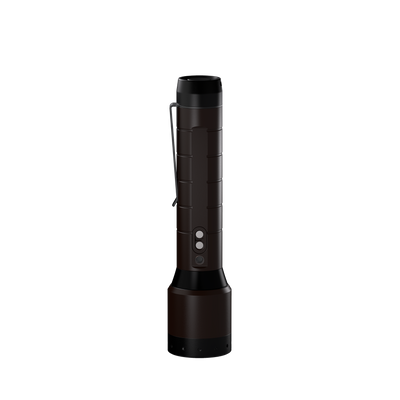 Ledlenser P6R Signature Torch viewed upright with a brown cylindrical body black top and base and a side pocket clip