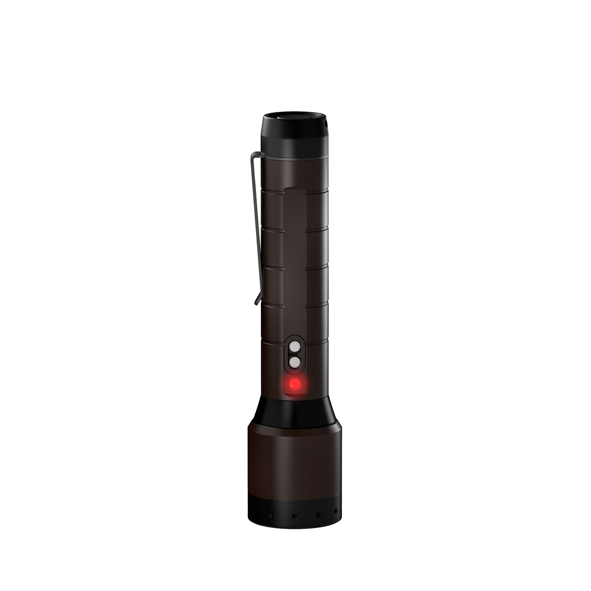 Ledlenser P6R Signature Torch standing upright with brown cylindrical body metal clip and red indicator