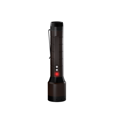 Ledlenser P6R Signature Torch standing upright with brown cylindrical body metal clip and red indicator