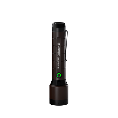 Ledlenser P6R Signature Torch upright with brown body black head and green circular power button plus pocket clip