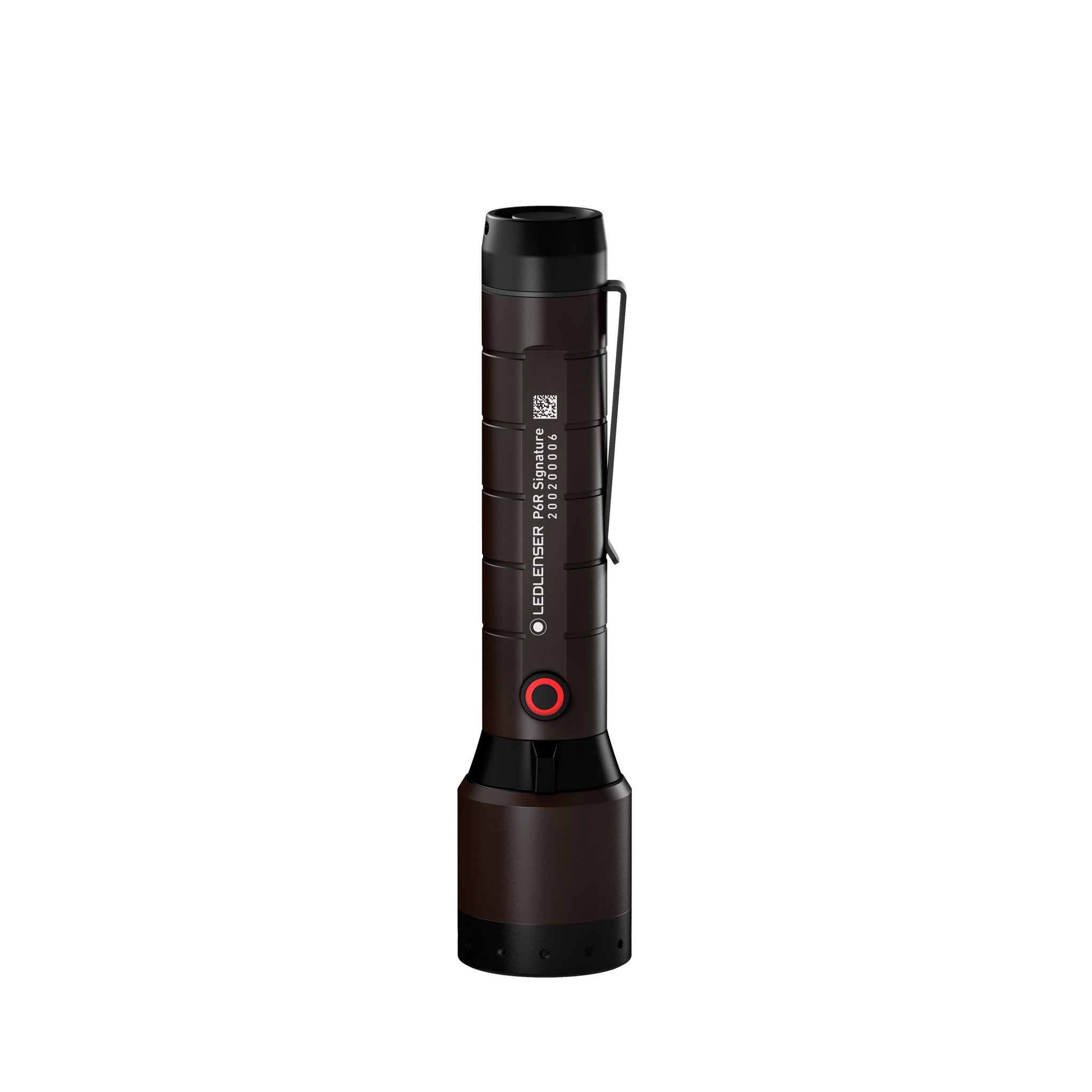 Ledlenser P6R Signature Torch in brown finish upright with red round button and wrist strap