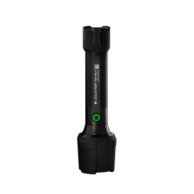 Ledlenser P6R Work Torch standing upright with black textured cylindrical body and green circular power button on the front