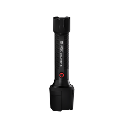 P6R Work Torch by Ledlenser standing upright with a black textured body and red circular power button on the end cap
