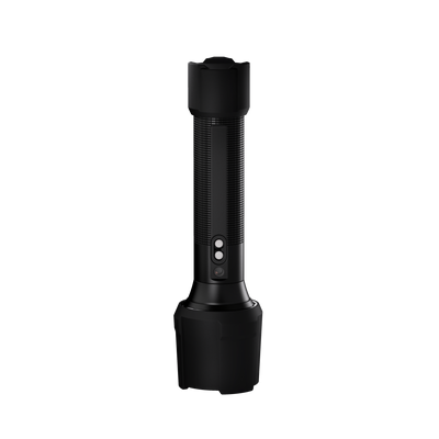 Ledlenser P6R Work Torch shown upright mounted on a pole black cylindrical flashlight with ribbed grip and side control button in an industrial grey setting