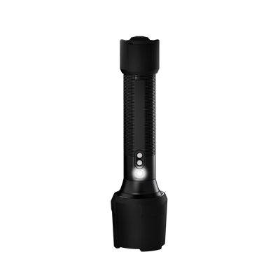 Ledlenser P6R Work Torch shown upright on a mount black textured cylindrical body with illuminated control area