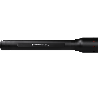 Ledlenser P6 torch shown horizontally black cylindrical body with textured grip and the P6 label right end cap with red dots