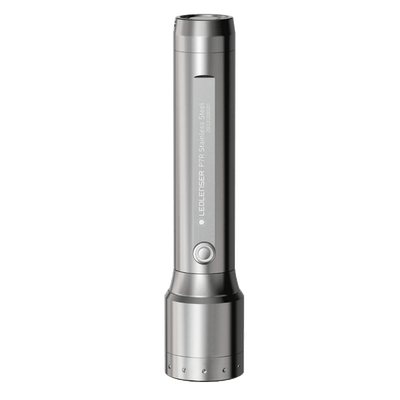 Ledlenser P7R Core Rechargeable Torch & V8 Keychain Light Limited Stainless Steel Edition vertical view of stainless steel torch with circular power button