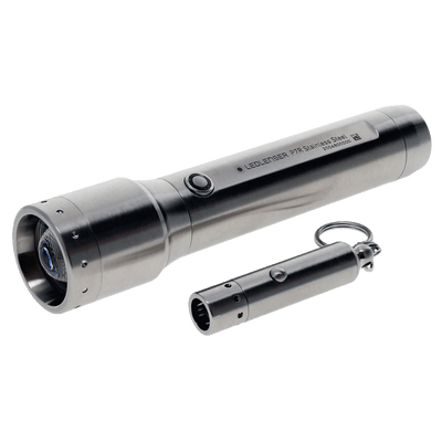 Ledlenser P7R Core Rechargeable Torch & V8 Keychain Light stainless steel edition shown with main torch and detachable keychain module