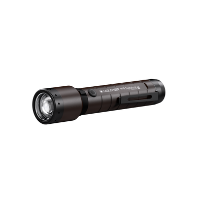 Ledlenser P7R Signature Torch in dark brown horizontal view with front lens branding along the body and side clip