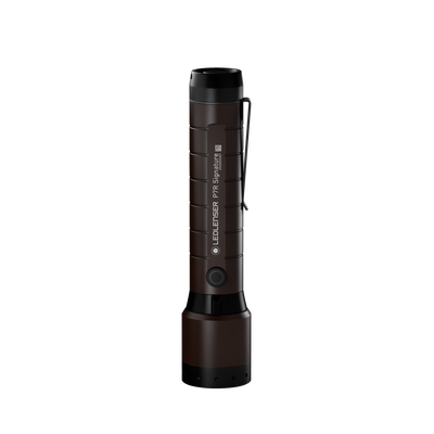 Ledlenser P7R Signature torch standing upright with brown textured grip and side branding