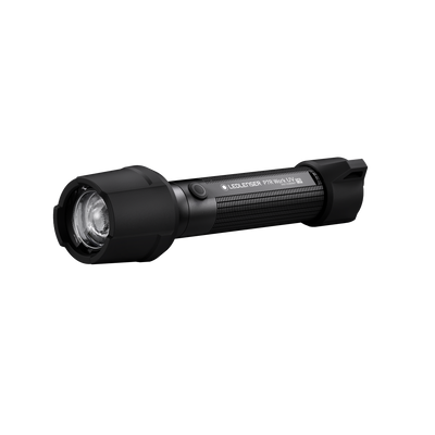 Ledlenser P7R Work UV Torch in side view black rechargeable flashlight with textured grip and front head
