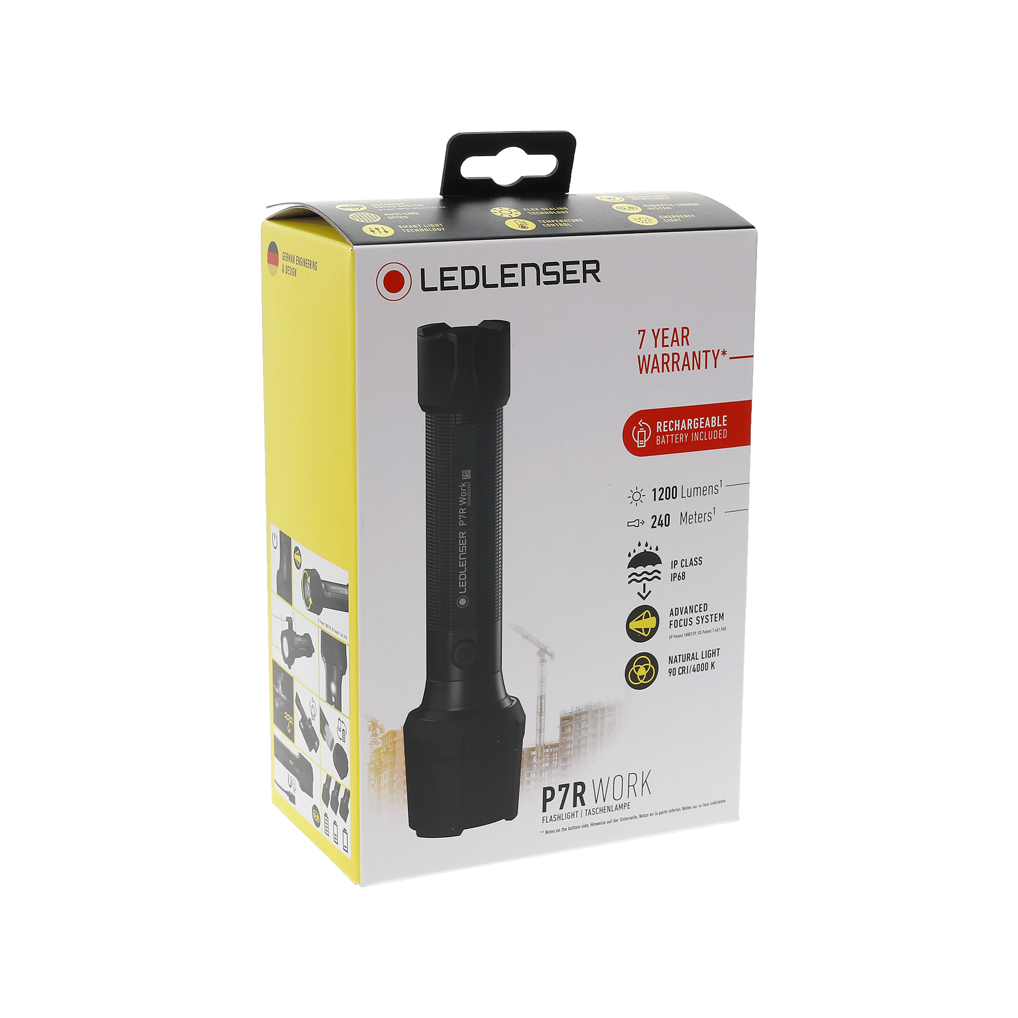 Ledlenser P7R Work Torch packaging box showing a black handheld torch on a white and yellow box with brand logo and product name