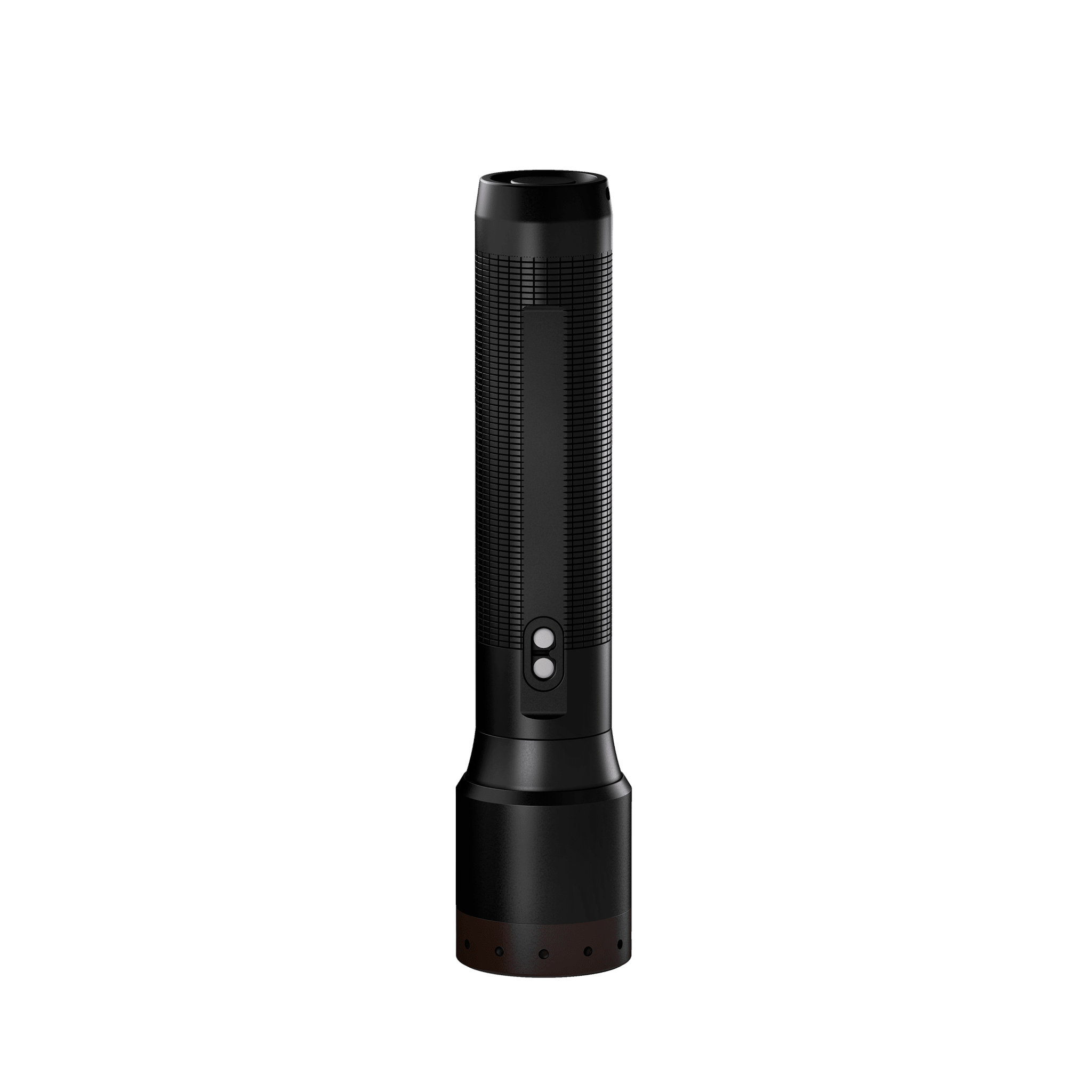 Ledlenser P7R Core Torch upright a black handheld flashlight with textured grip and brown base