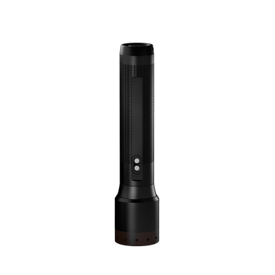 Ledlenser P7R Core Torch upright a black handheld flashlight with textured grip and brown base