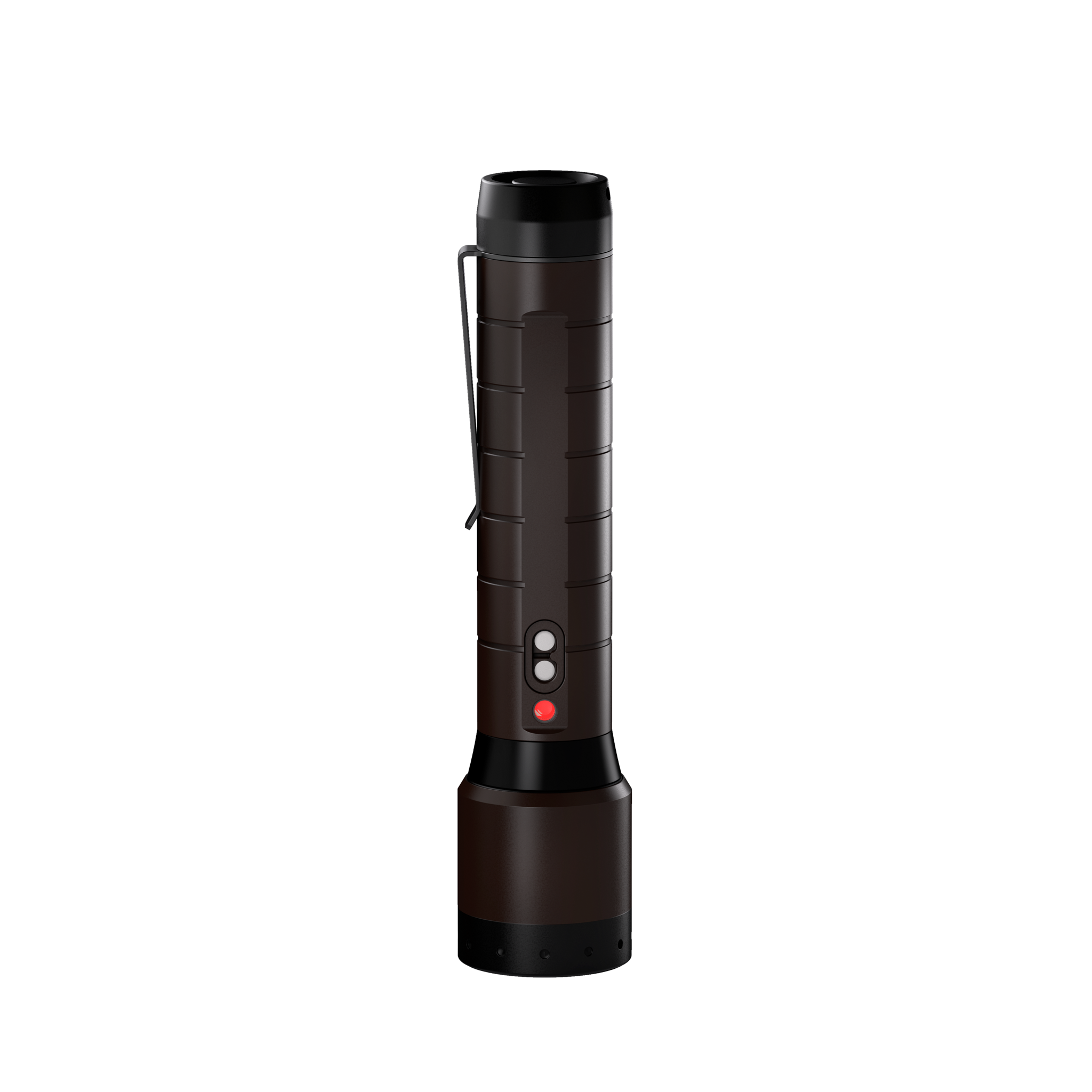 Ledlenser P7R Signature Torch in dark brown with textured grip side clip two control buttons and red power indicator