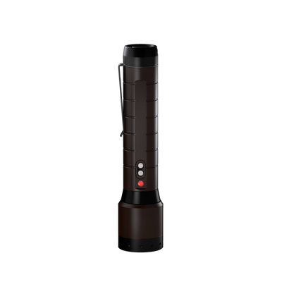 Ledlenser P7R Signature Torch in dark brown with textured grip side clip two control buttons and red power indicator
