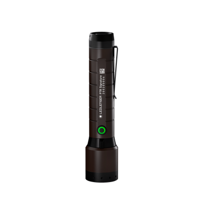 Ledlenser P7R Signature Torch in brown with black cap shown upright with wrist strap and green power ring