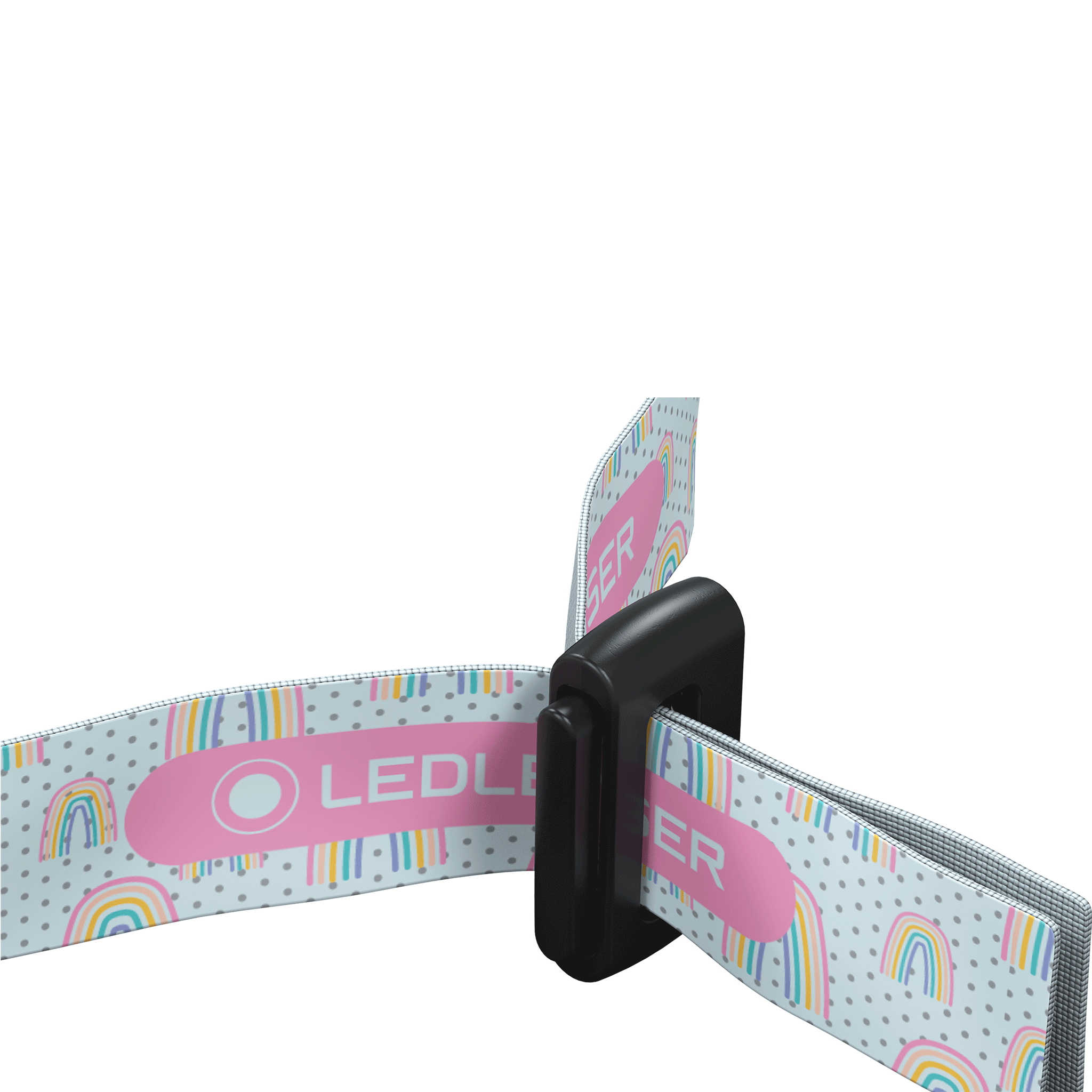 Ledlenser Kidled4R Headlamp with a black mount and colorful patterned strap visible from a side angle
