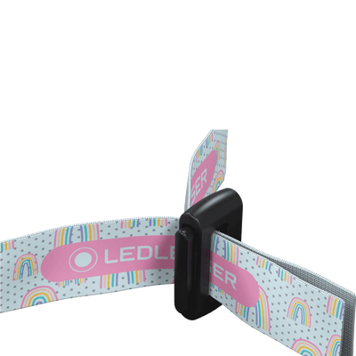 Ledlenser Kidled4R Headlamp with a black mount and colorful patterned strap visible from a side angle