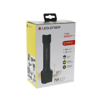 Ledlenser P6R Work Torch packaging box showing a black handheld rechargeable flashlight with yellow side panel accents and product branding on the front