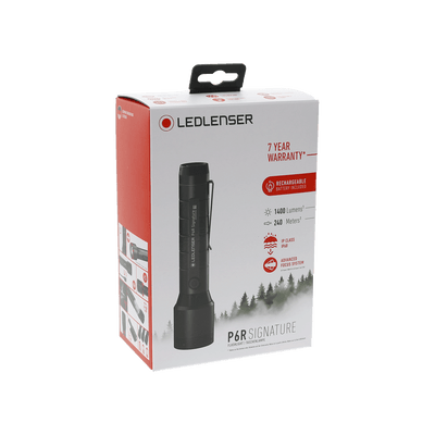 Ledlenser P6R Signature Torch packaging box upright with black rechargeable torch image red white design and forest graphic showing 7 year warranty