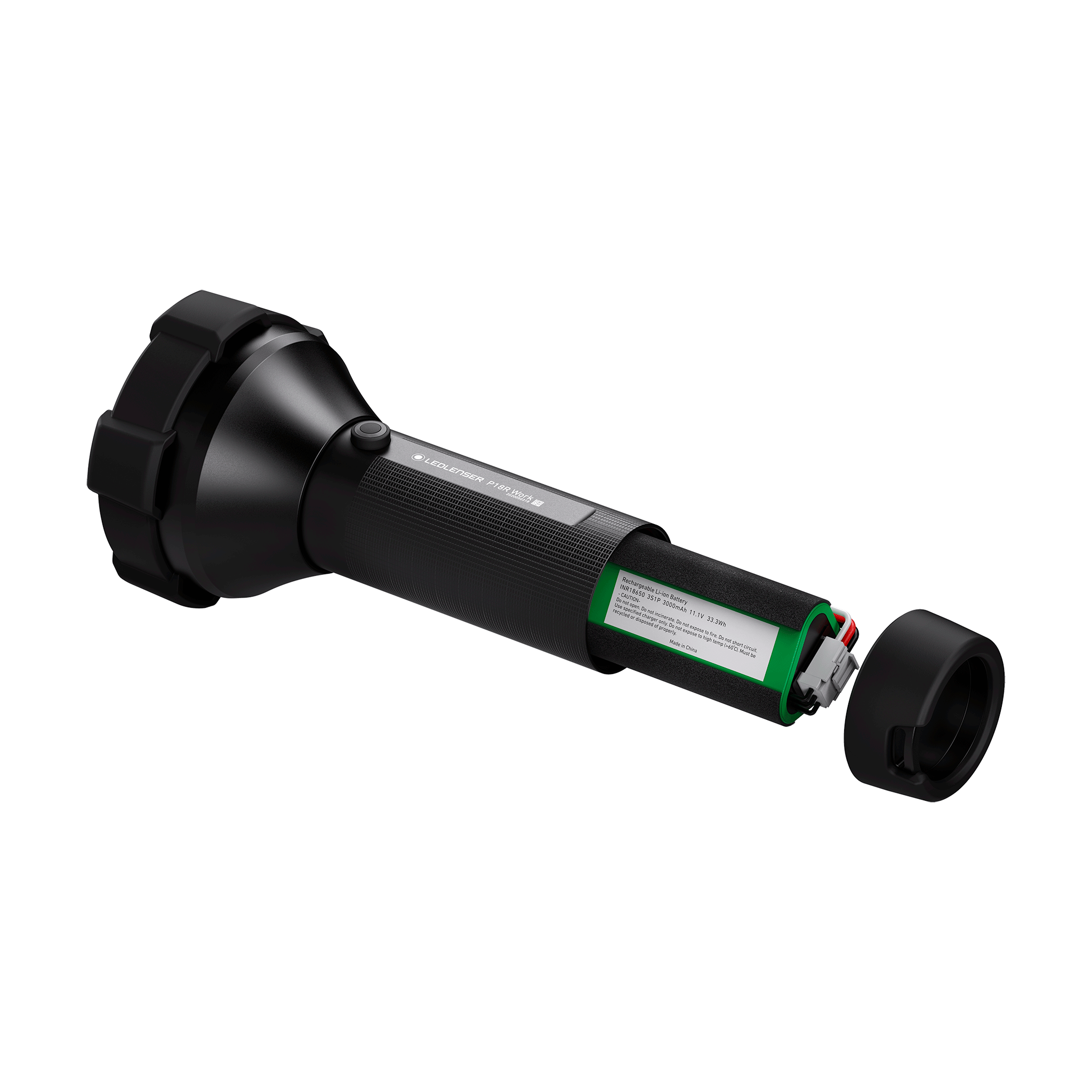 Ledlenser P18R Work Torch with end cap removed showing the rechargeable battery pack inside the black cylindrical body