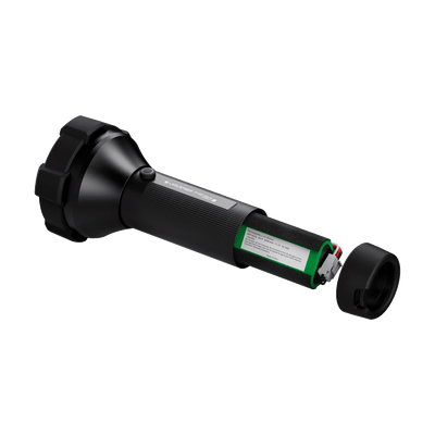 Ledlenser P18R Work Torch with end cap removed showing the rechargeable battery pack inside the black cylindrical body