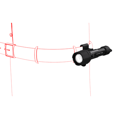 Ledlenser P6R Work Torch mounted on a strap bracket with a visible front lens on a black cylindrical body