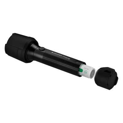 Ledlenser P6R Work Torch with battery cartridge inserted and both end caps detached
