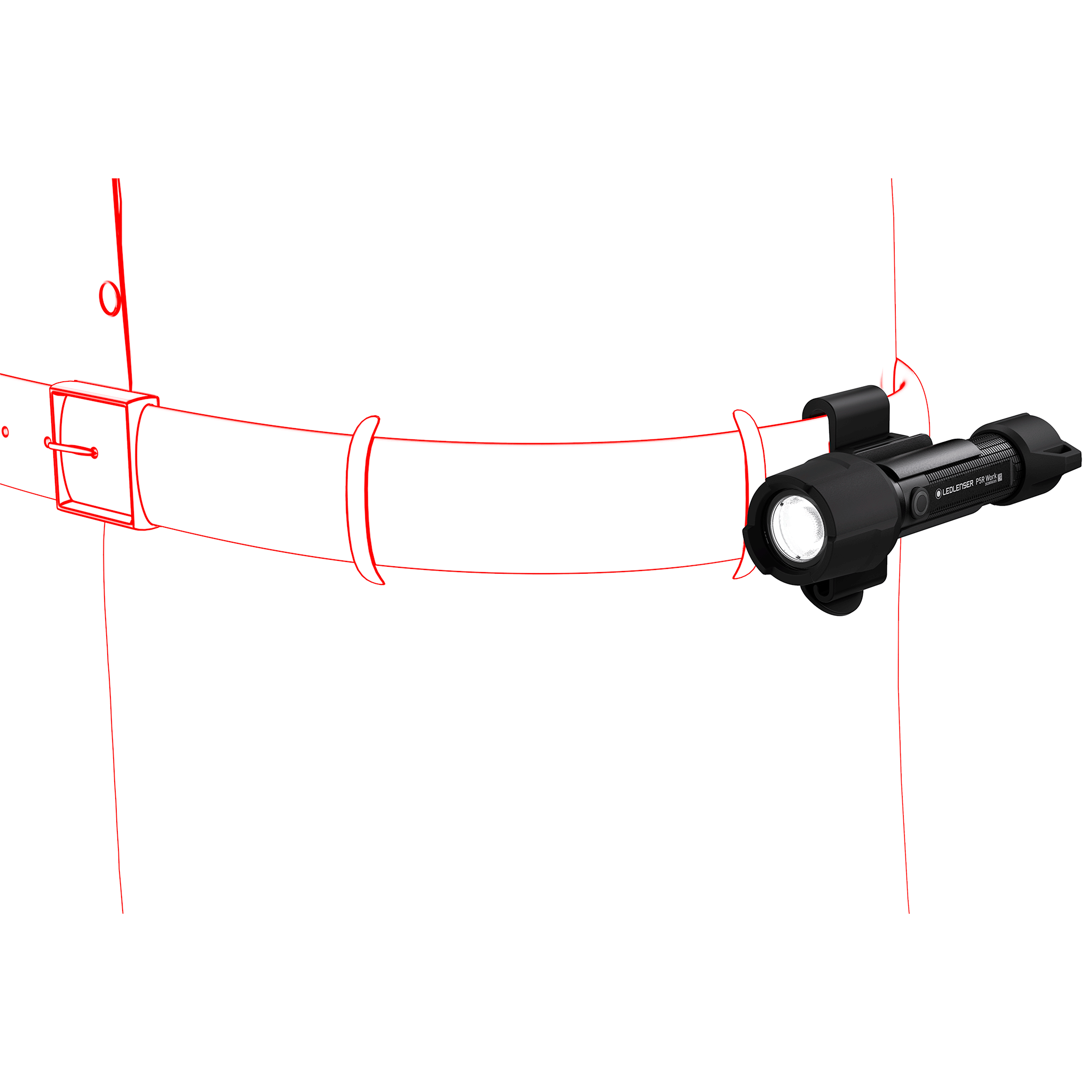 Ledlenser P5R Work Torch mounted on a headband strap showing a compact black rechargeable torch for hands‑free use