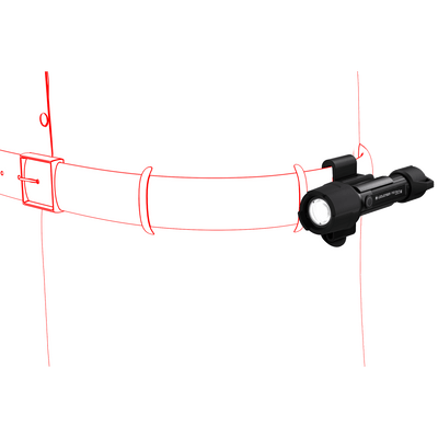 Ledlenser P5R Work Torch mounted on a headband strap showing a compact black rechargeable torch for hands‑free use