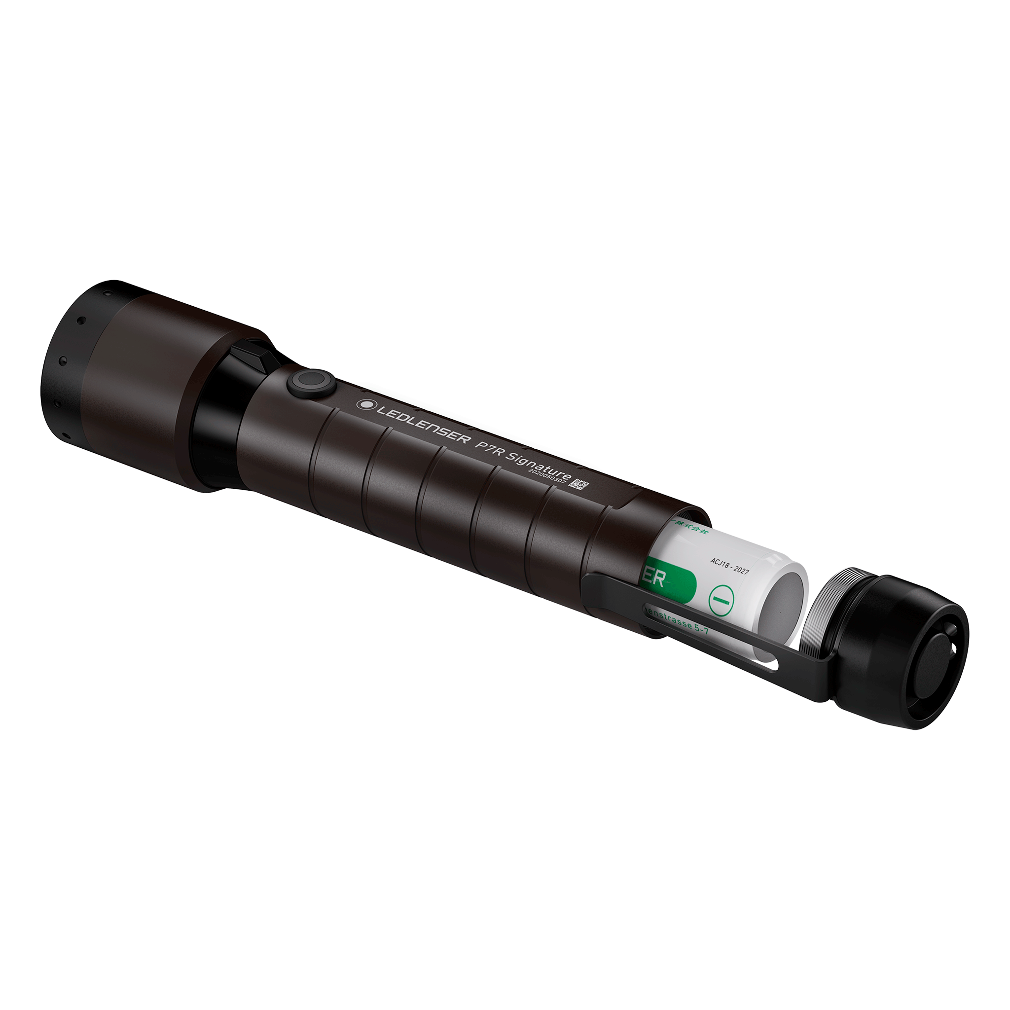 Ledlenser P7R Signature Torch in dark brown finish angled side view showing battery cartridge inserted and end cap