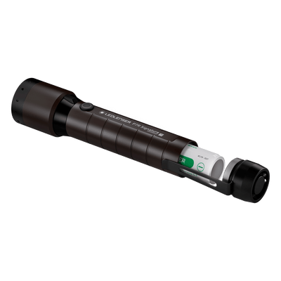 Ledlenser P7R Signature Torch in dark brown finish angled side view showing battery cartridge inserted and end cap