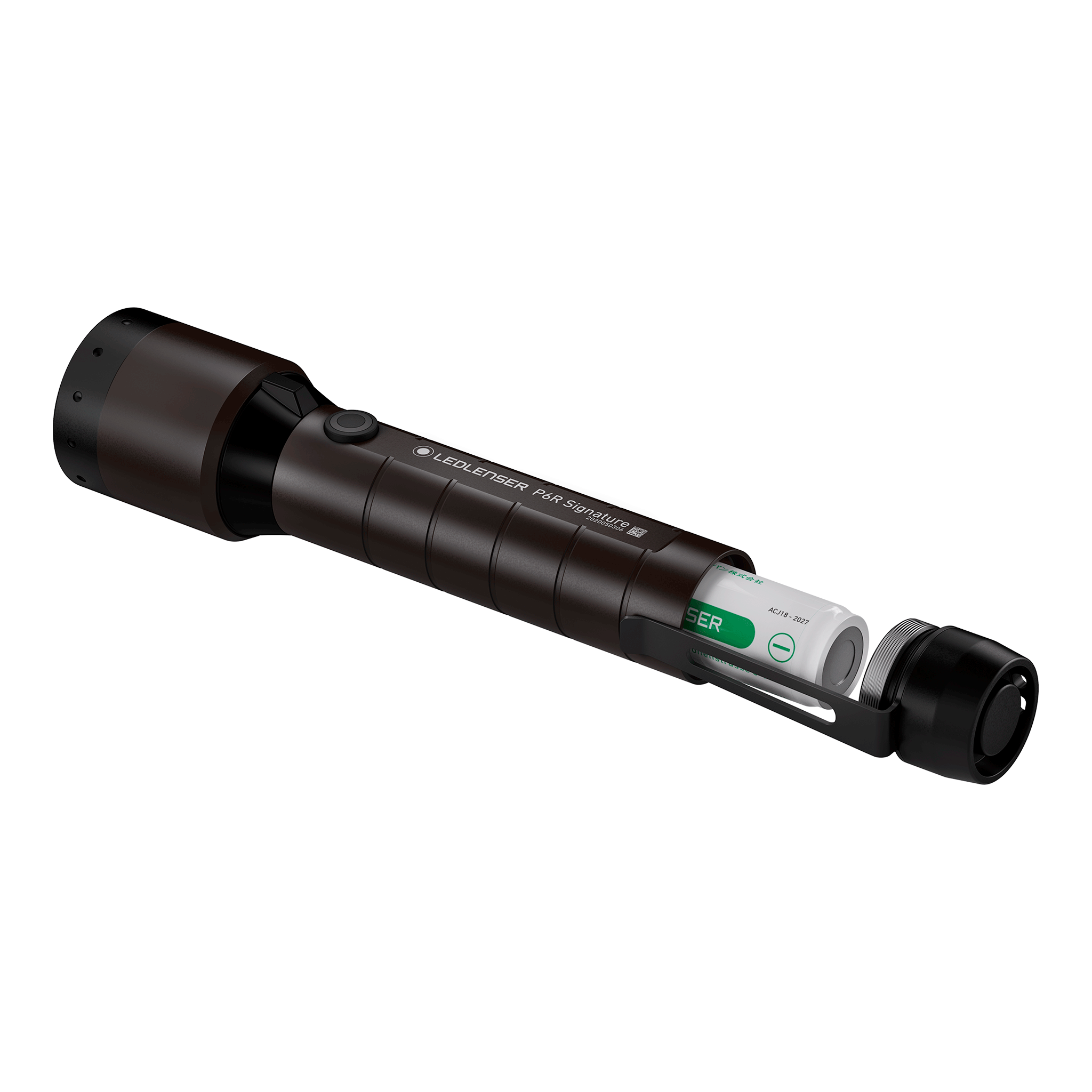 Ledlenser P6R Signature Torch with battery inserted in side view showing dark brown finish and open charging cap