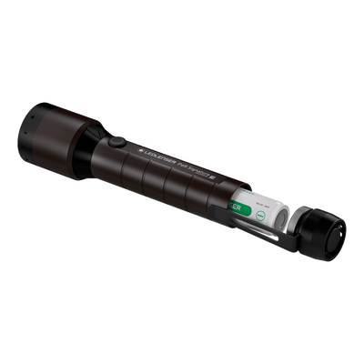 Ledlenser P6R Signature Torch with battery inserted in side view showing dark brown finish and open charging cap