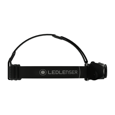MH8 Outdoor Headlamp side view showing black head strap and compact front unit with Ledlenser branding