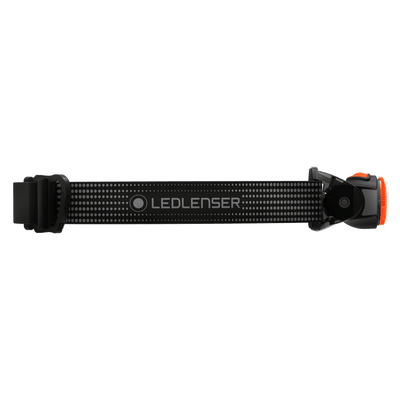 MH3 Headlamp with black adjustable strap and orange battery housing side profile view Ledlenser