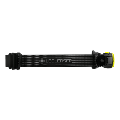 MH3 Headlamp by Ledlenser with black adjustable headband and yellow accent light housing side profile view
