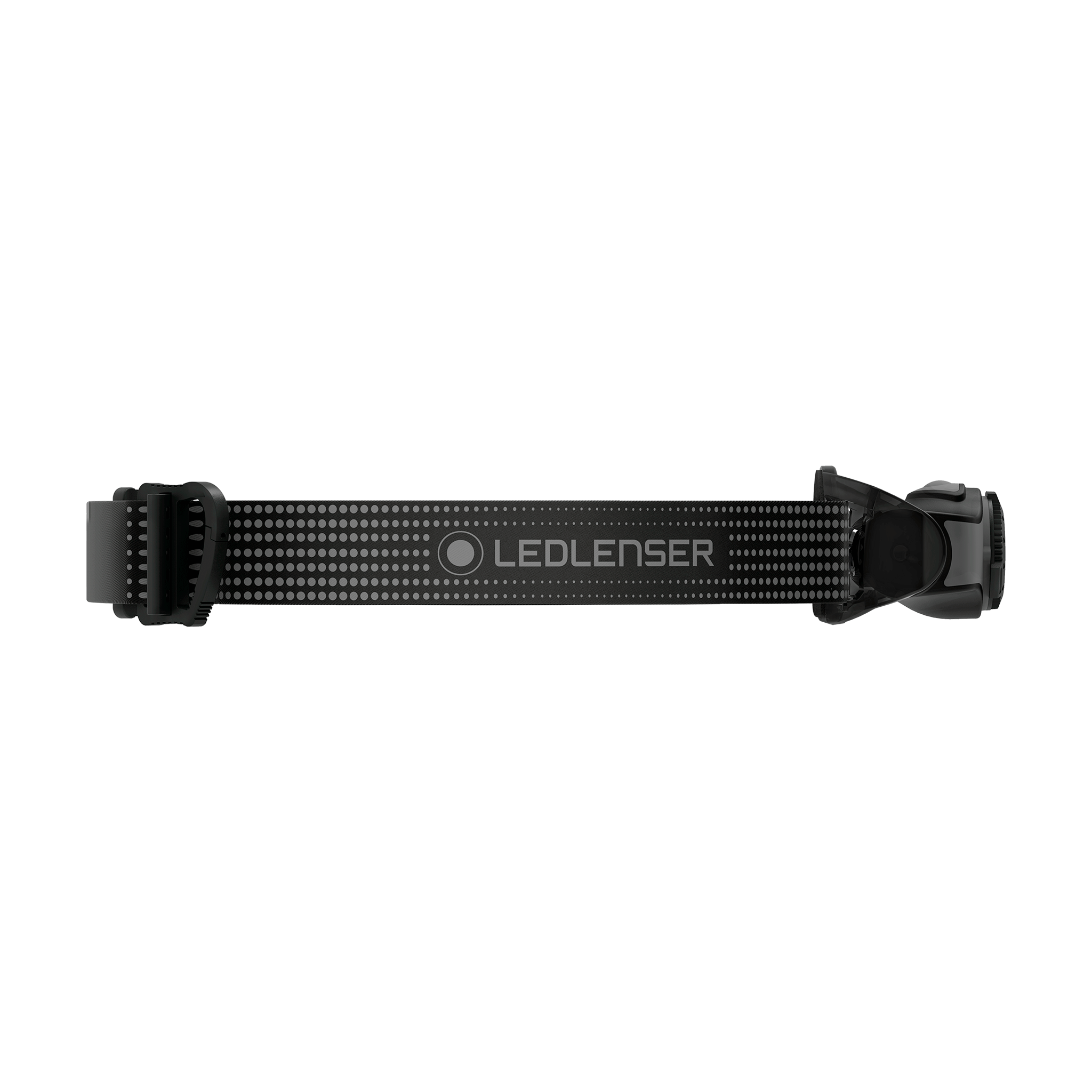 MH3 Headlamp with black adjustable strap and compact front light module facing right showing Ledlenser branding on the strap
