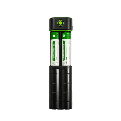 Ledlenser Flex7 Powerbank with two green rechargeable batteries in a black vertical holder front view